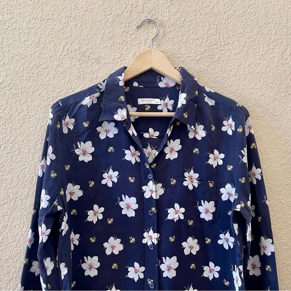 Equipment Dress Button Silk Floral Long Sleeves Casual Cottagecore Blue Large - Picture 4 of 10